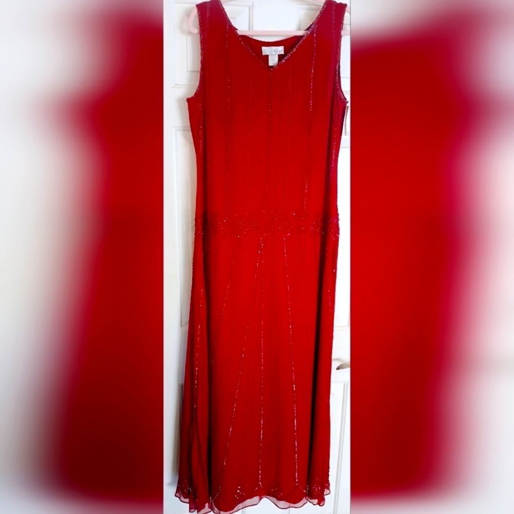 Vintage Spiegel 100% Silk Red Beaded Special Occasion Floor Length Dress Sz 14